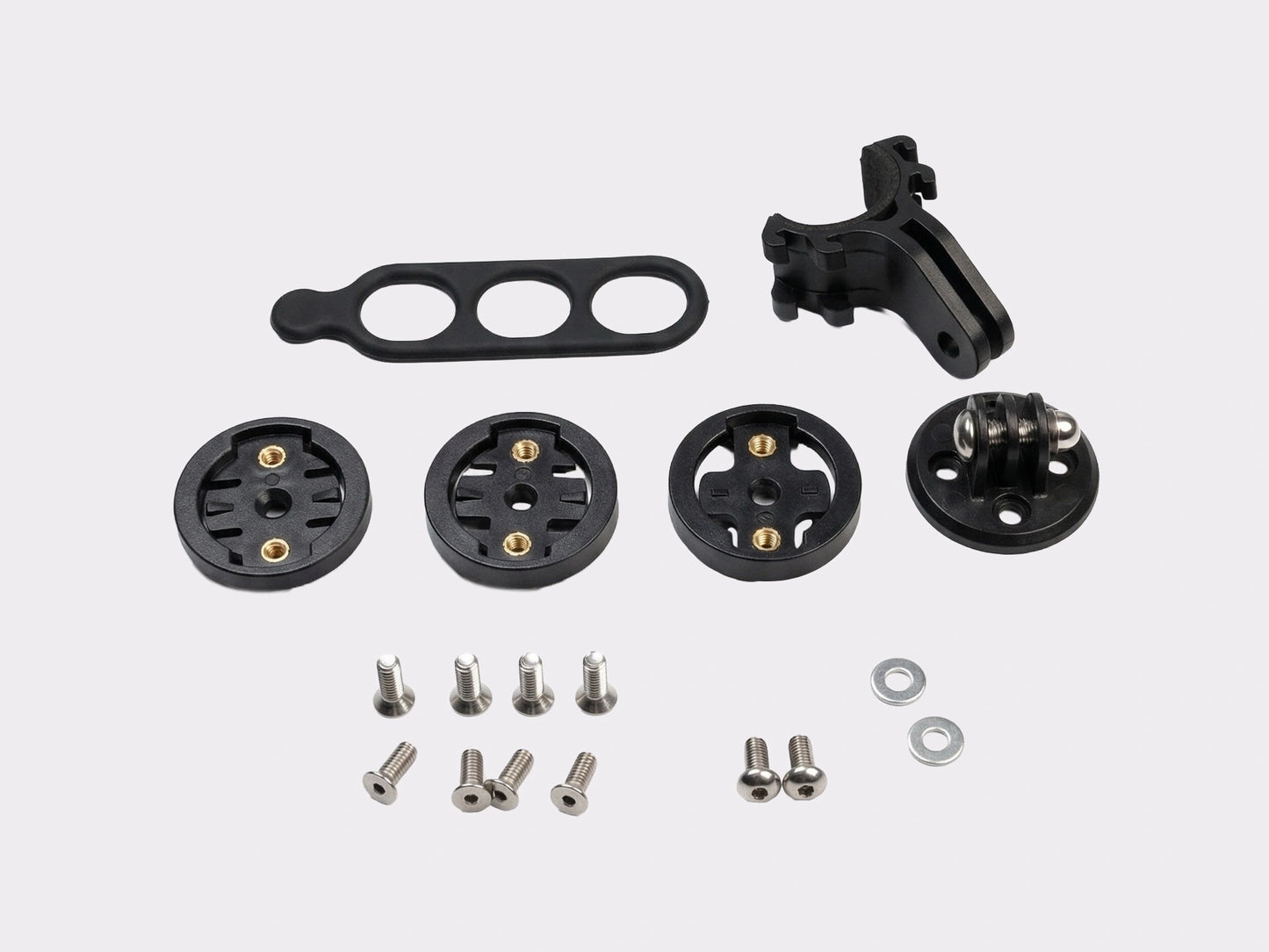 Kit accessoires potence ARISE : support GPS, inserts Garmin Wahoo Bryton, visserie titane et adaptateur caméra.