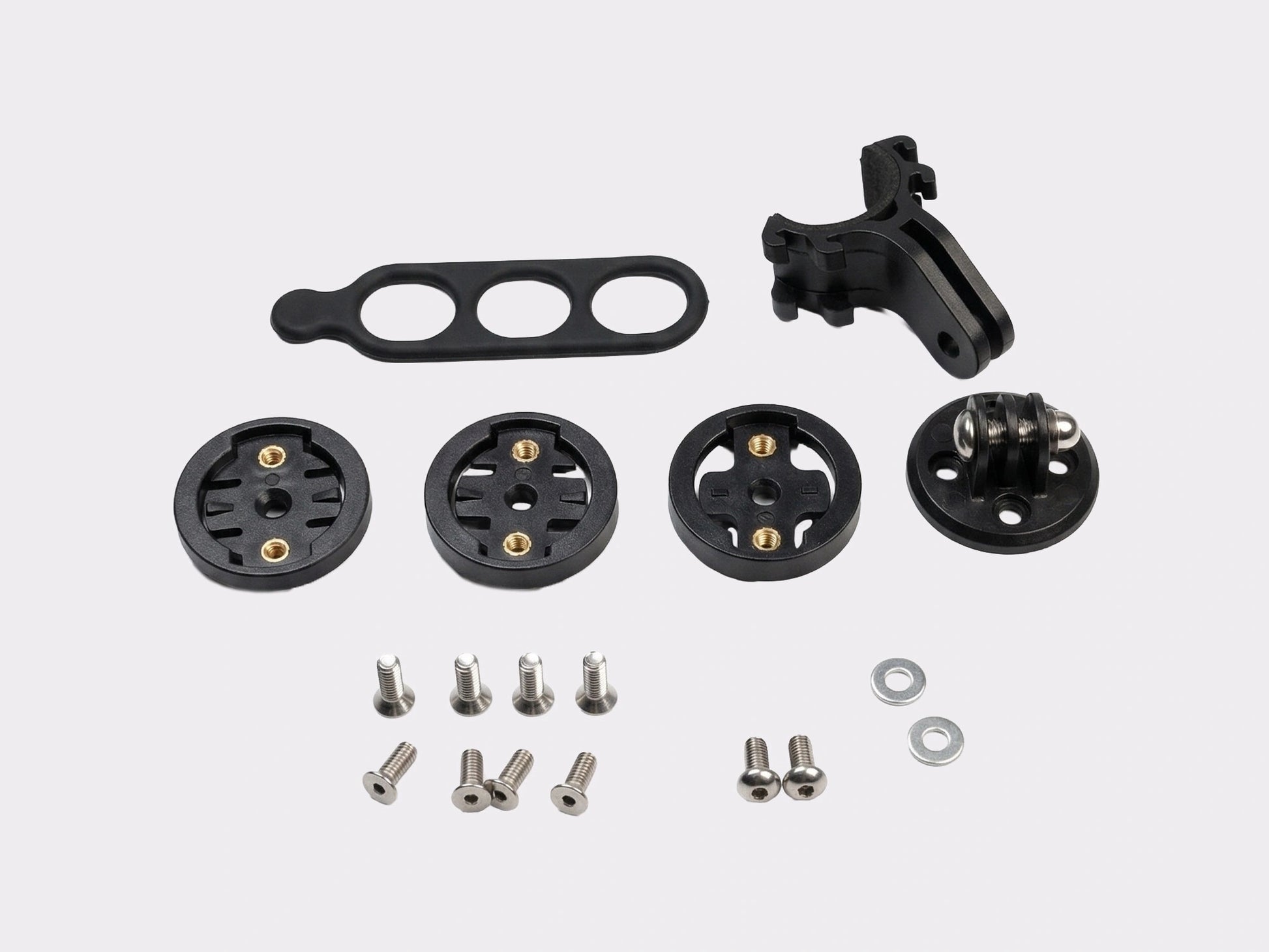 Kit accessoires potence ARISE : support GPS, inserts Garmin Wahoo Bryton, visserie titane et adaptateur caméra.