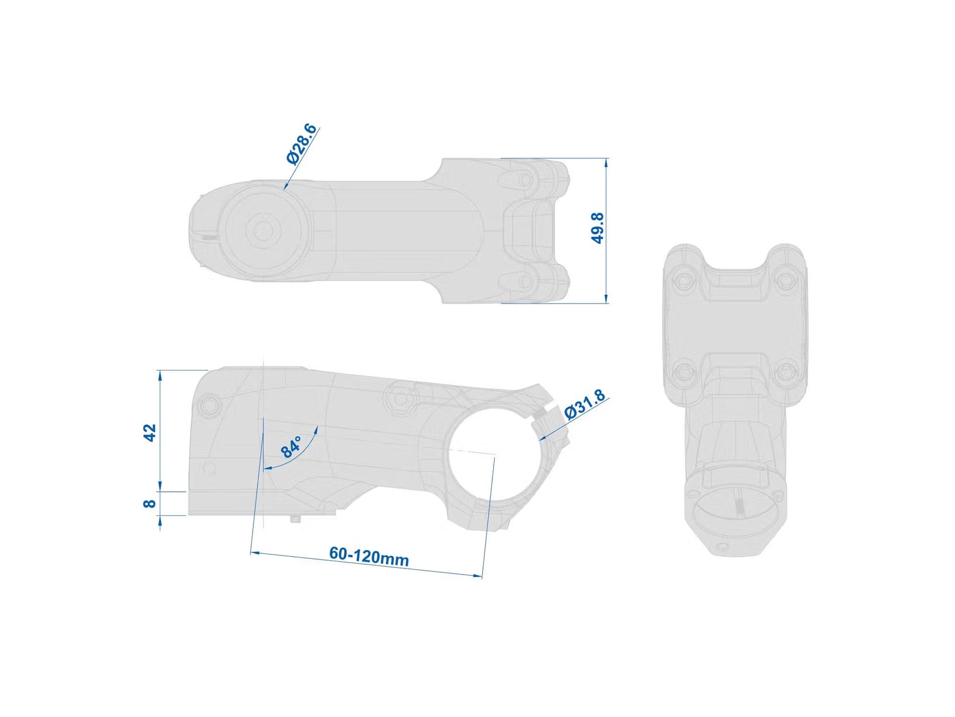 Schéma technique potence Ritchey WCS Switch - dimensions et cotes principales