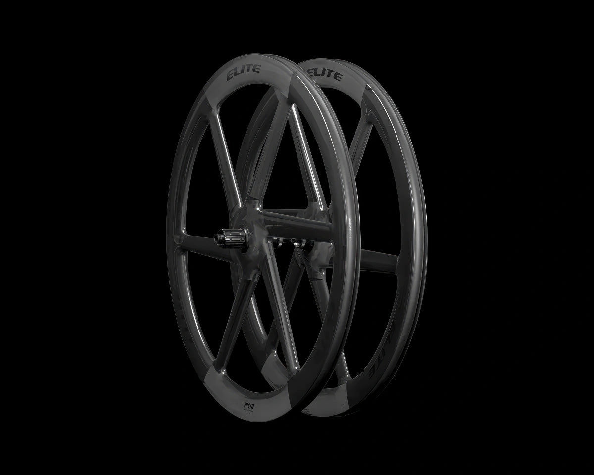 Paire de roues Elitewheels Velo Six II Disc carbone à 6 bâtons, profil 50 mm, vue 3/4