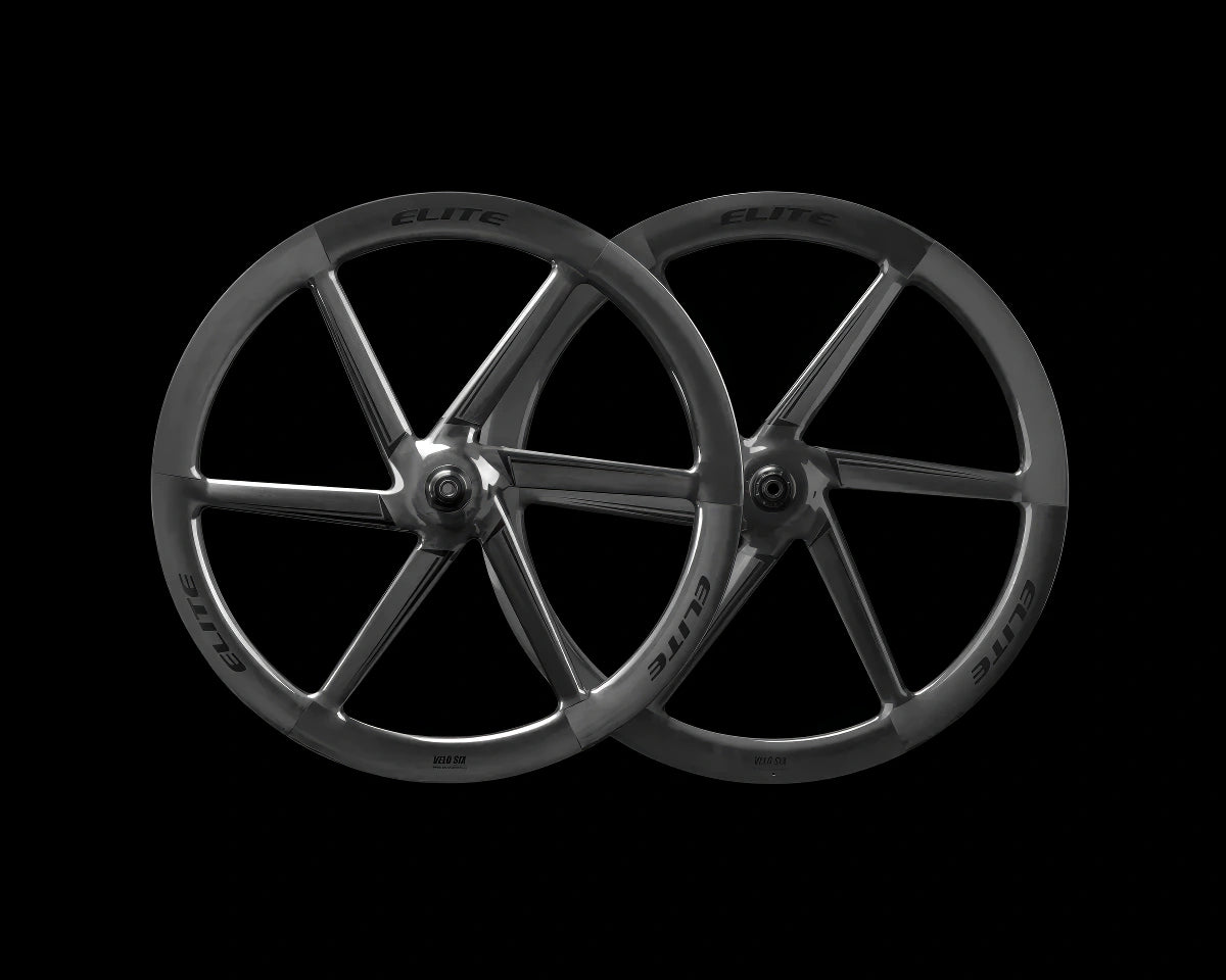 Paire de roues Elitewheels Velo Six II Disc à bâtons carbone, vue de face, roues route triathlon